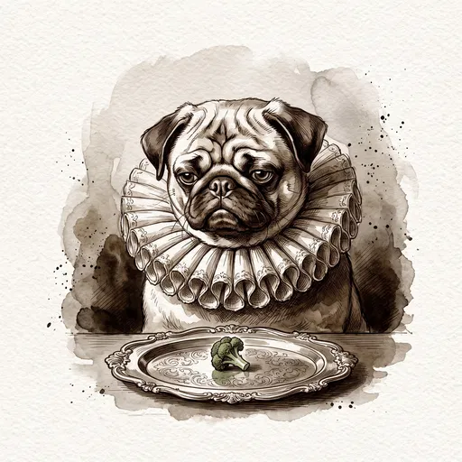 Grumpy Pug in Renaissance Collar with Broccoli