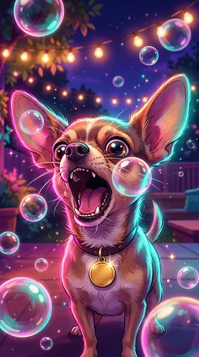 Cartoon Chihuahua Barking at Soap Bubbles