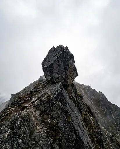 Jagged Boulder Perched on Steep Alpine Ridge