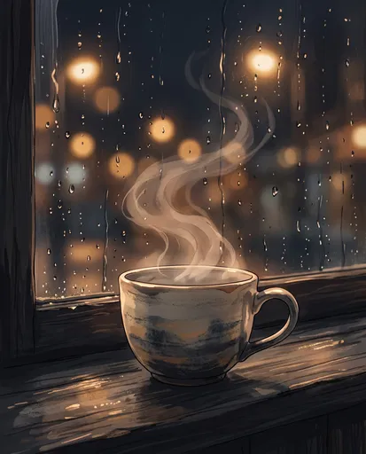 Steaming Teacup on Rainy Night Windowsill