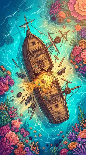 Top-Down Sunken Pirate Shipwreck Illustration