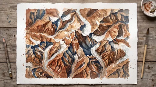 Watercolor Mountain Relief Map Flat Lay