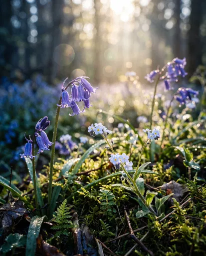 Bluebells and Forget-Me-Nots in Morning Forest