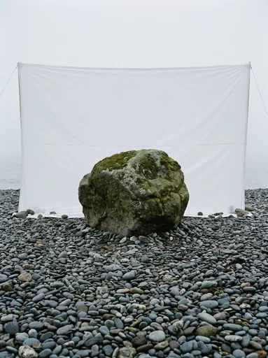Mossy Boulder Before White Beach Backdrop