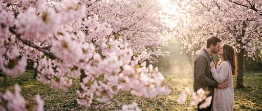 Couple Kissing Under Blooming Cherry Blossoms