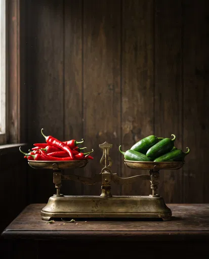 Red and Green Peppers on Vintage Scale