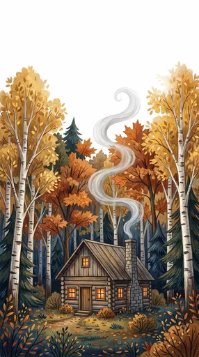 Cozy Autumn Cabin in Forest Illustration