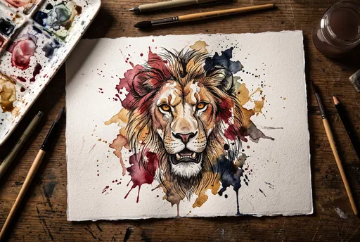 Watercolor Lion Painting Flat Lay
