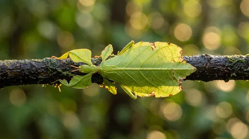 Green Walking Leaf Insect on Mossy Twig