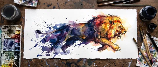 Watercolor Lion Painting on Artist Desk