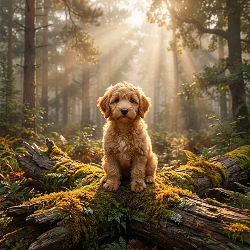 Goldendoodle Puppy on Mossy Forest Log