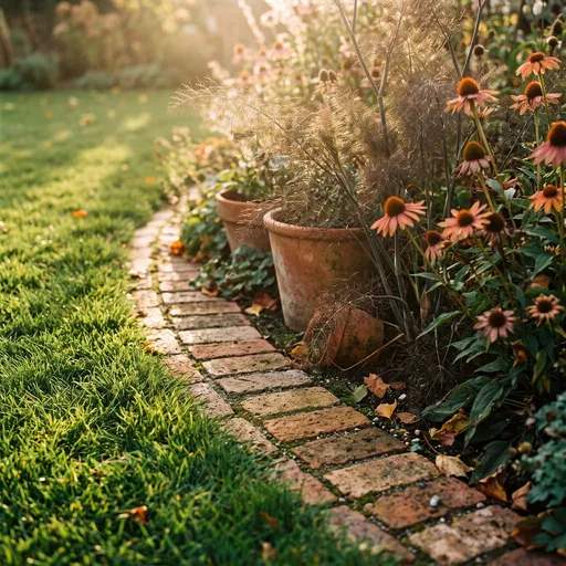 Sunlit Garden Border With Brick Edging