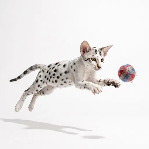 Spotted Kitten Leaping After Felt Ball