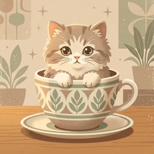 Fluffy Kitten Inside Patterned Teacup Illustration