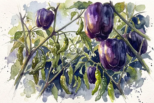 Watercolor Purple Bell and Shishito Peppers