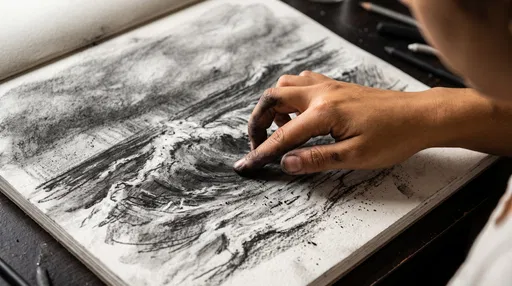 Artist Hand Smudging Charcoal Ocean Sketch