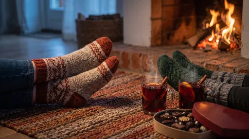 Couple Feet in Cozy Socks by Fireplace
