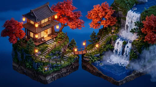 Isometric Japanese Tea House Waterfall Diorama
