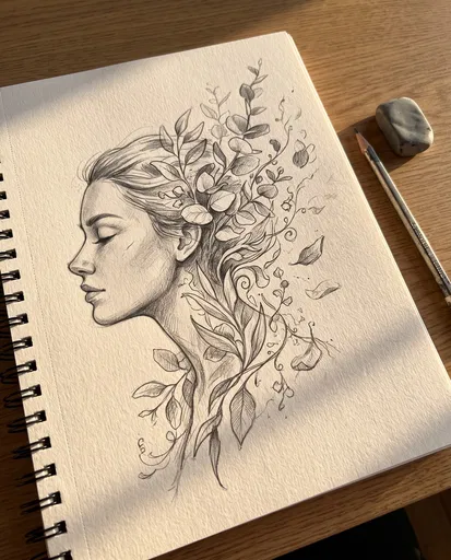 Botanical Woman Profile Pencil Sketch in Notebook