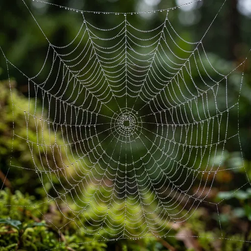 Dewy Spiderweb in Mossy Forest