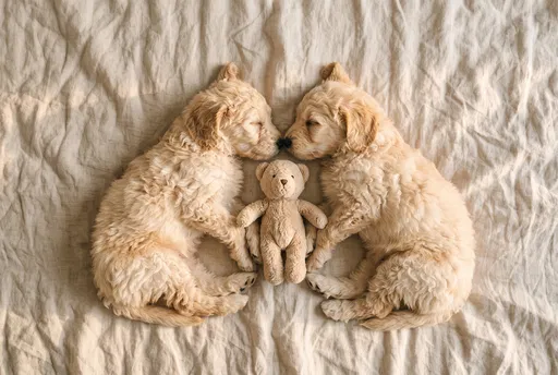 Two Sleeping Puppies With Teddy Bear