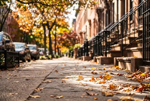 Autumn Leaves on Brownstone Sidewalk