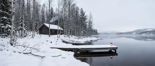 Snowy Nordic Lakeside Cabin and Dock