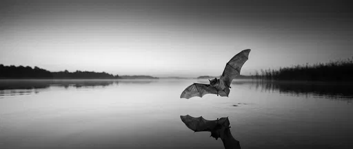 Monochrome Bat Flying Over Calm Lake