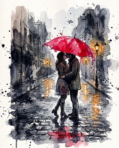 Watercolor Couple Kissing Under Red Umbrella