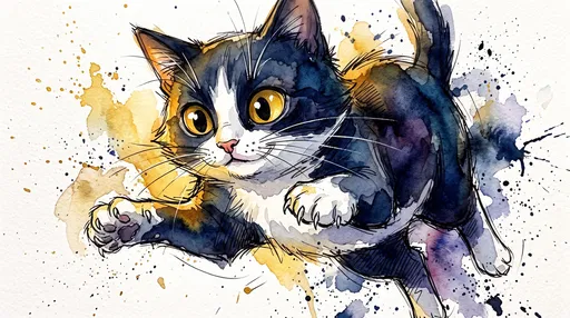 Watercolor Tuxedo Cat Mid-Pounce Illustration