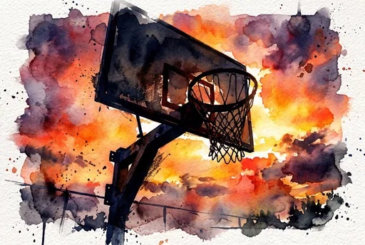Watercolor Basketball Hoop at Sunset