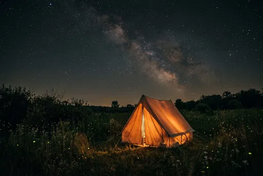 Glowing Tent Under Starry Night Sky