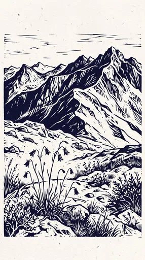 Indigo Linocut Alpine Mountains and Harebells