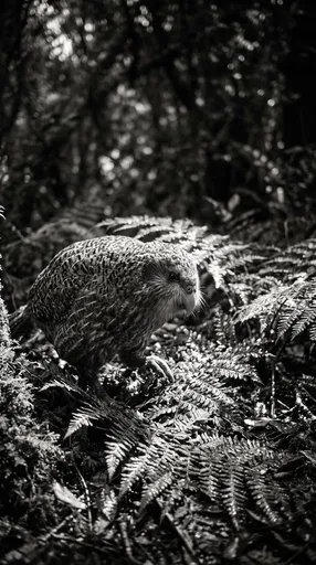 Monochrome Kakapo in Forest Ferns