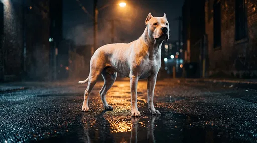White Dogo Argentino on Wet Night Street