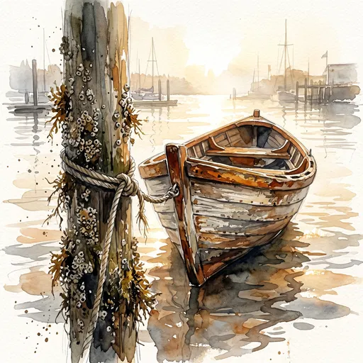 Watercolor Wooden Dory Tied to Harbor Piling