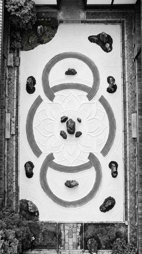 Monochrome Overhead Zen Rock Garden Lotus