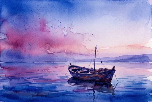 Watercolor Wooden Fishing Boat at Twilight