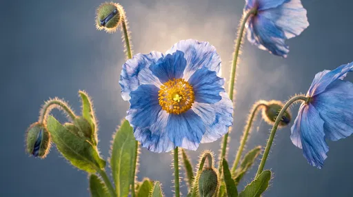 Backlit Himalayan Blue Poppies in Bloom