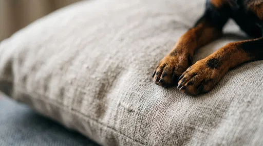 Close-Up of Dog Paws on Linen Cushion