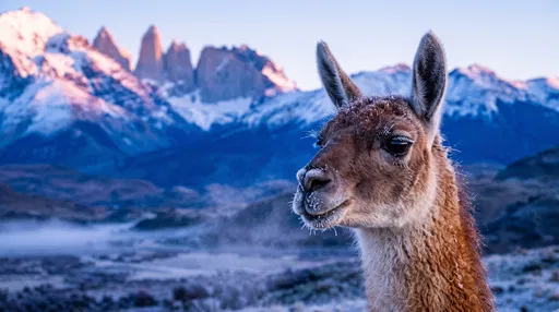 Frosty Guanaco Portrait in Patagonia Mountains