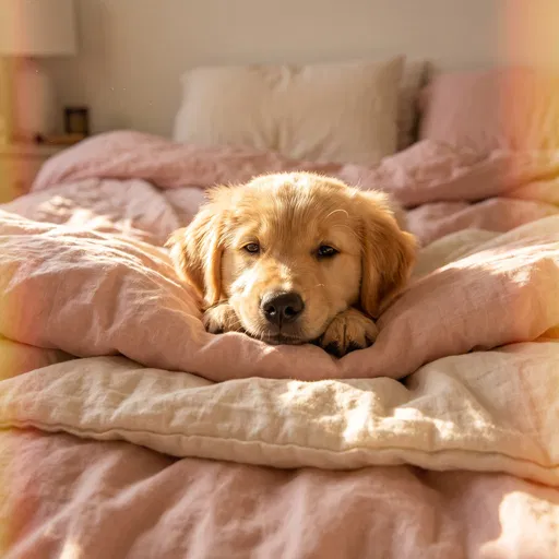 Golden Retriever Puppy Resting on Cozy Bed