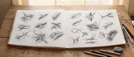 Sketchbook With Surgical Suture Pencil Drawings