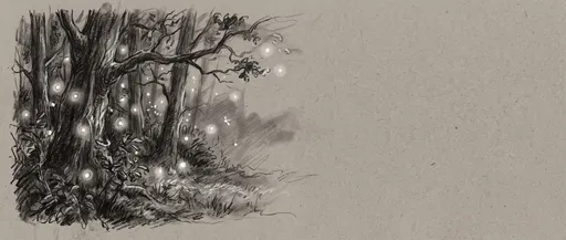 Charcoal Forest Sketch with Glowing Fireflies