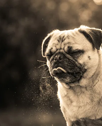 Sepia Portrait of Sneezing Pug