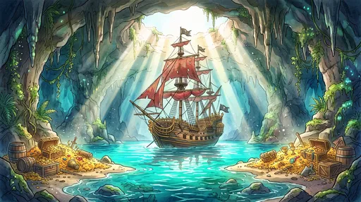Pirate Ship Anchored in Treasure Cave