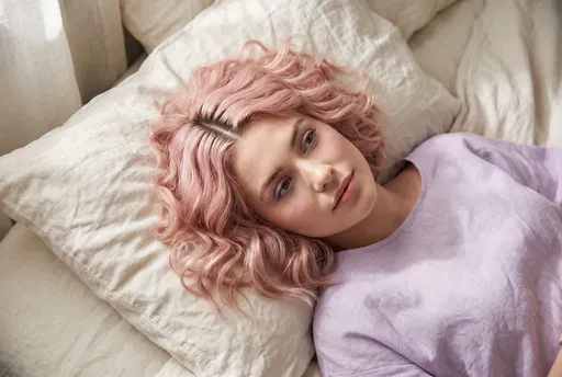 Woman with Pastel Pink Wavy Bob Reclining