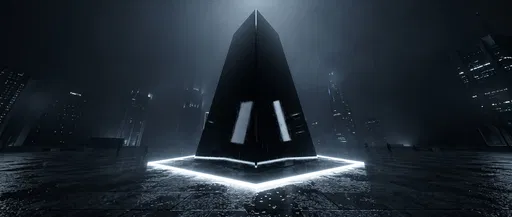 Glossy Black Monolith in Rainy Plaza