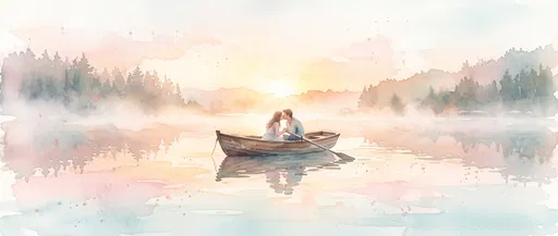 Watercolor Couple Kissing in Rowboat at Sunrise