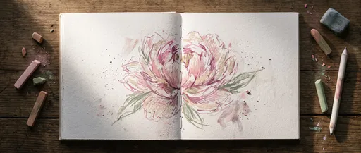 Pastel Peony Drawing in Open Sketchbook